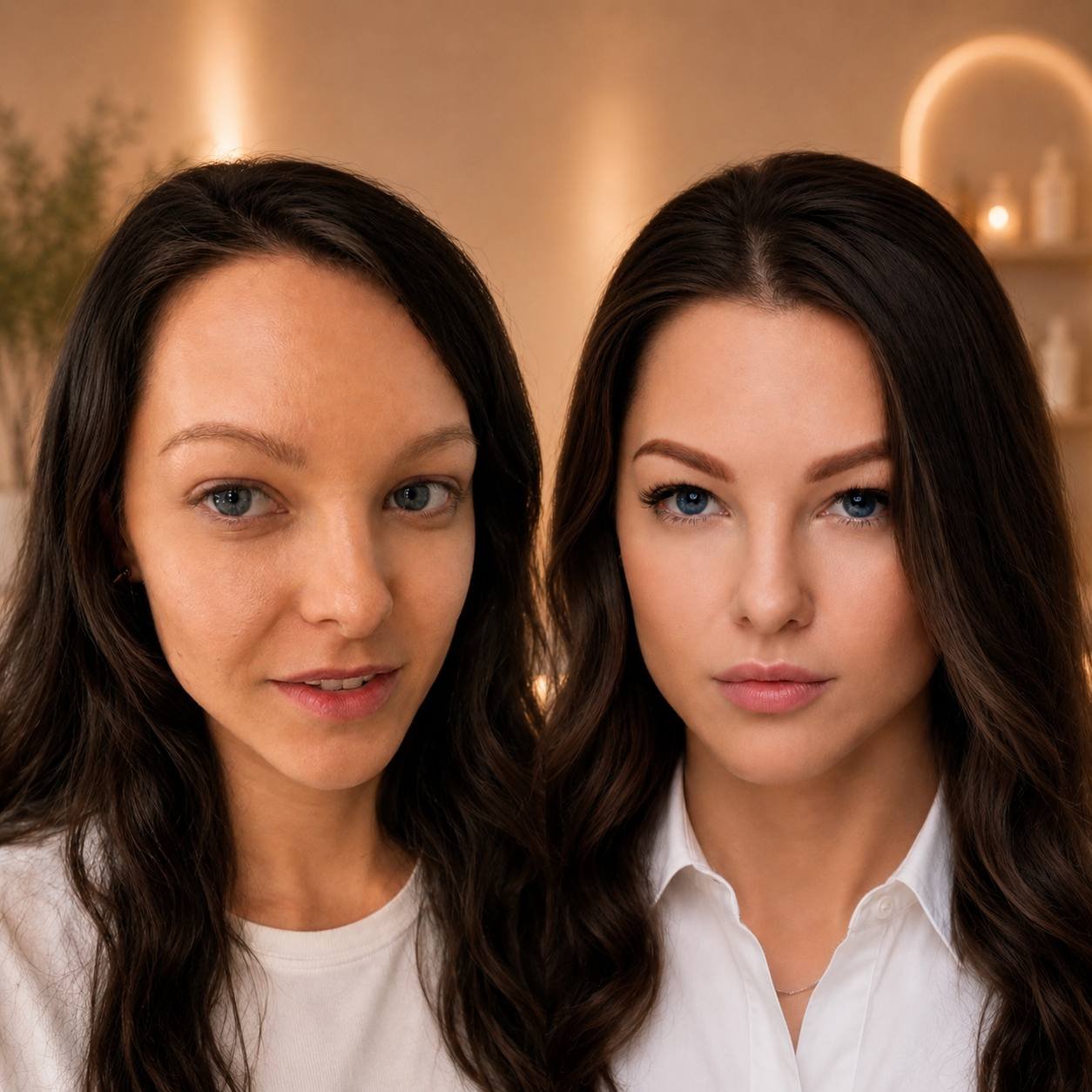 This is a true Full Face Signature Look. We shaped and shaded her brows, added soft color to her lips, and enhanced her lash line for that naturally defined eye effect. Total transformation, no filters needed.